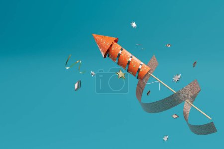 Photo for Fireworks for the holiday. a red salute rocket with confetti and gold ribbons on a blue background. 3D render. - Royalty Free Image