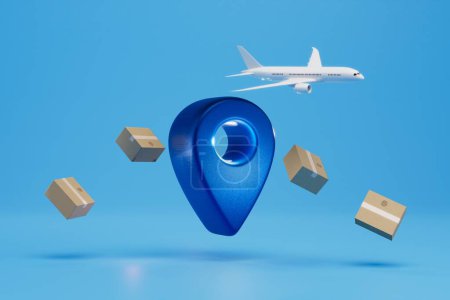 Téléchargez les photos : Livraison des colis par avion à l'endroit spécifié. avion, colis et point GPS sur un fond bleu. rendu 3D. - en image libre de droit