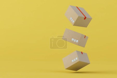 Téléchargez les photos : Le concept de livraison de colis. boîtes avec des colis sur un fond jaune. copier coller, copier l'espace. rendu 3D. - en image libre de droit