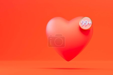 Photo for 99 likes to a post on social networks or to a video. a red heart on a red background. copy paste. 3D render. - Royalty Free Image