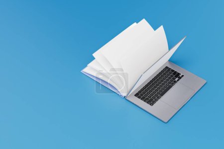 Foto de El concepto de aprendizaje a distancia. portátil con un libro sobre un fondo azul. copiar pegar, copiar espacio. Renderizado 3D. - Imagen libre de derechos