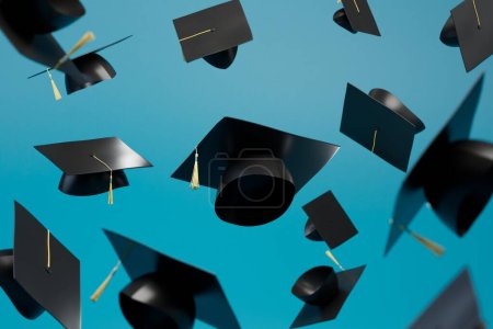 Photo for Abstract background consisting of master's caps flying over the blue background. 3D render. - Royalty Free Image