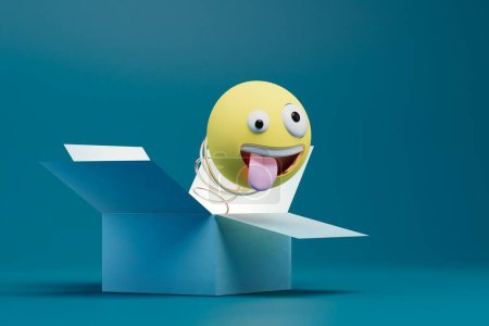 Photo for Concept of a surprise box. an open box from which a smiley face flies out on a spring. 3D render. - Royalty Free Image