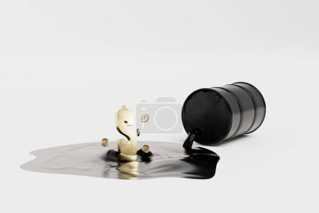Higher oil prices. a black barrel of spilled oil and dollar icons on a white background. 3D render.