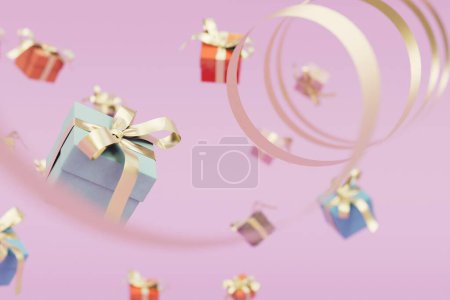 Téléchargez les photos : The concept of presenting gifts. gift boxes and beautiful ribbons flying across the pastel background. 3D render. - en image libre de droit