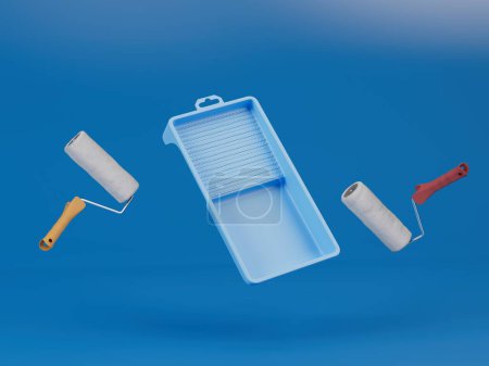 the concept of repair work. Paint rolls and rollers flying on a blue background. 3D render.