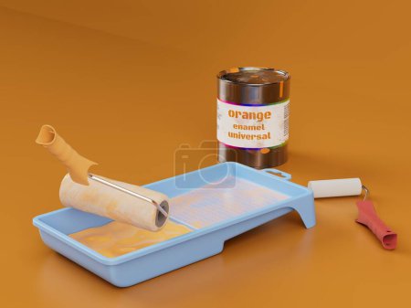 the concept of painting the walls. rollers for paint, can and boat with brown paint on a brown background. 3D render.