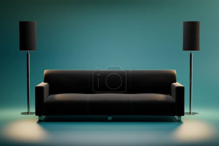 the concept of home comfort. black sofa and black lamps illuminated on a turquoise background. 3D render.