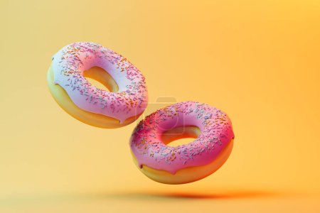 Photo for Love of doughnuts. donuts with colored glaze flying across pastel backgrounds. 3D render. - Royalty Free Image