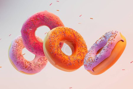 Photo for Love of sweets. donuts flying across the pastel background. 3D render. - Royalty Free Image