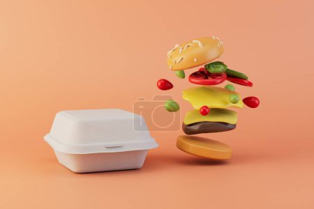 Foto de Comida para llevar. una hamburguesa grande junto a un recipiente de plástico para alimentos. Renderizado 3D. - Imagen libre de derechos
