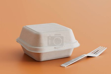 Foto de El concepto de comida para llevar. Batería de plástico desechable y tenedor sobre fondo marrón. Renderizado 3D. - Imagen libre de derechos