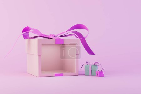Foto de El concepto de presentar regalos. una caja de regalo vacía junto a las pequeñas cajas de regalo. Renderizado 3D. - Imagen libre de derechos