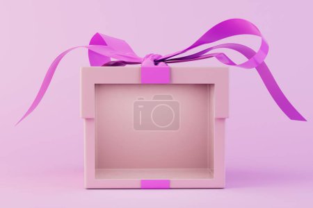 Foto de El concepto de elegir regalos. Una caja de regalo vacía con una hermosa cinta sobre un fondo pastel. Renderizado 3D. - Imagen libre de derechos