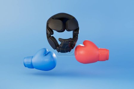 Foto de Equipment for boxing. boxing gloves and a helmet on a blue background. 3D render. - Imagen libre de derechos