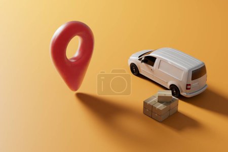 Téléchargez les photos : Livraison des colis à l'adresse spécifiée. un camion à côté duquel le colis et le point du GPS. rendu 3D. - en image libre de droit