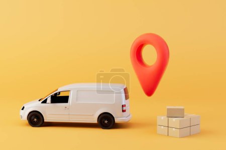 Téléchargez les photos : Livraison des colis à l'adresse spécifiée. un camion à côté duquel le colis et le point du GPS. rendu 3D. - en image libre de droit