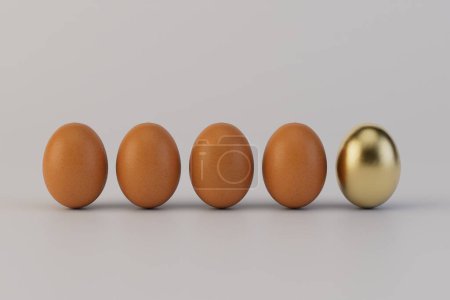 Foto de Golden egg with other eggs isolated on white background. 3d render. - Imagen libre de derechos