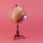 globe apple. apple on a globe stand on a redbackground. 3D render.