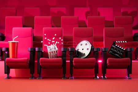 Photo for Watching movies in the cinema. red chairs, videotape, cracker, popcorn and soda. 3D render. - Royalty Free Image