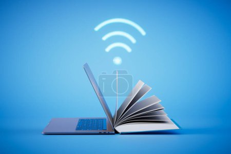 Foto de El concepto de aprendizaje en línea. libro abierto y portátil con un icono de Wi-Fi sobre un fondo azul. Renderizado 3D. - Imagen libre de derechos