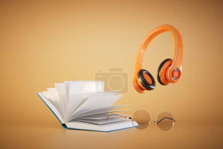 The concept of reading audiobooks. open book and headphones on a pastel background. 3D render.
