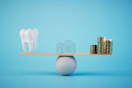 the cost of dental treatment corresponds to the quality. scales on which a tooth and stacks of coins. 3D render.