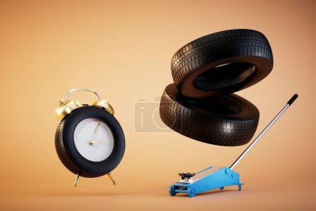 Téléchargez les photos : Le temps de remplacer les pneus. cric, pneu sous la forme d'un réveil et d'autres pneus sur fond pastel. rendu 3D. - en image libre de droit