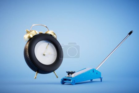 Téléchargez les photos : Il est temps de changer les pneus. cric et pneu sous la forme d'un réveil sur fond bleu. rendu 3D. - en image libre de droit