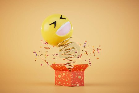 Gifts for April Fools' Day. box with a flying spring on which a laughing emoji. 3D render.
