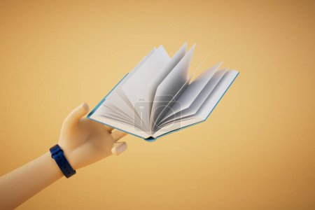 The concept of continuous learning. a hand with an open book on a pastel background. 3D render.