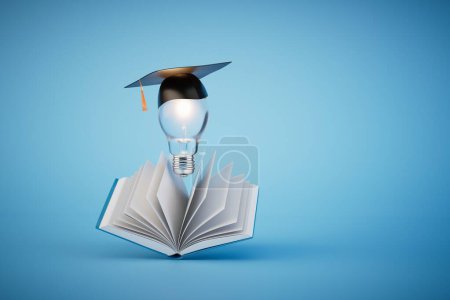 Photo for Ideas for higher education. an open book and a light bulb in the master's cap on a blue background. 3D render. - Royalty Free Image