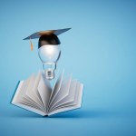 ideas for higher education. an open book and a light bulb in the master's cap on a blue background. 3D render.