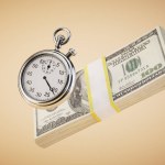 time to earn money. a stopwatch and a stack of dollar bills on a pastel background. 3D render.