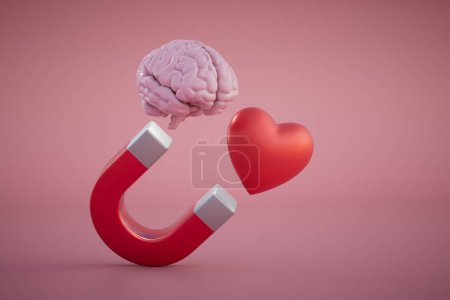 Téléchargez les photos : Le concept d'attraction de la connaissance et de l'amour. un aimant qui attire le cerveau et le cœur. rendu 3D. - en image libre de droit