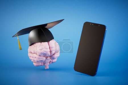 Photo for Training in the magistracy online. a brain in the master's cap and a smartphone on a blue background. 3D render. - Royalty Free Image