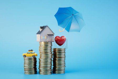 Photo for Car, real estate and life insurance. coins, a house, a car and a heart under an umbrella. 3D render. - Royalty Free Image