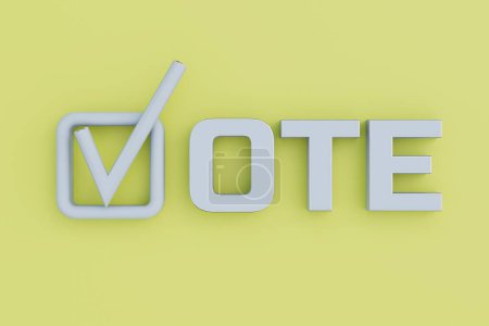 Foto de Selección de un candidato para votar. Marque y la inscripción Votar sobre un fondo amarillo. Renderizado 3D. - Imagen libre de derechos