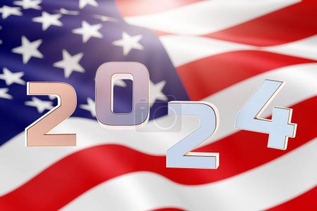 Amerikas Wahlen 2024. Die Inschrift 2024 auf dem Hintergrund der amerikanischen Flagge. 3D-Renderer.