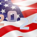 America's 2024 elections. The inscription 2024 on the background of the American flag. 3D render.