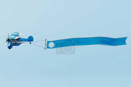Propeller aircraft with a long blue advertising banner made of fabric. Isolated on a blue background. 3d render.