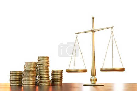 Photo for The concept of stock exchanges. scales and gold coins on a white background. 3D render. - Royalty Free Image