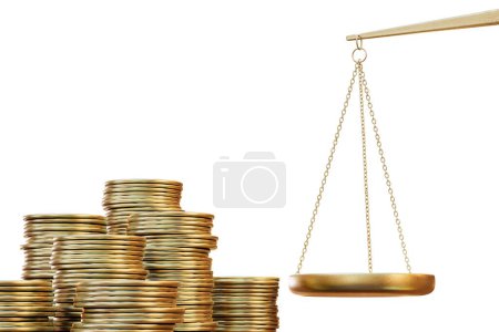 Photo for The concept of stock exchanges. scales and gold coins on a white background. 3D render. - Royalty Free Image