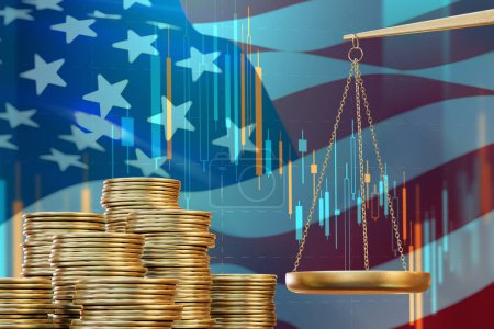 Photo for Fluctuations in the value of the US dollar. Scales and gold coins on the background of the flag of America. 3D render. - Royalty Free Image