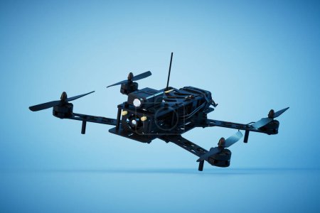 Photo for Flying quadcopter black on a blue background. 3D render. - Royalty Free Image
