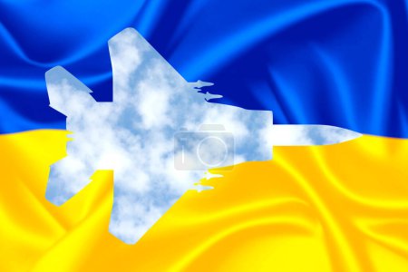 Das Flugzeug vor dem Hintergrund der Flagge der Ukraine. copy paste. 3D-Renderer.