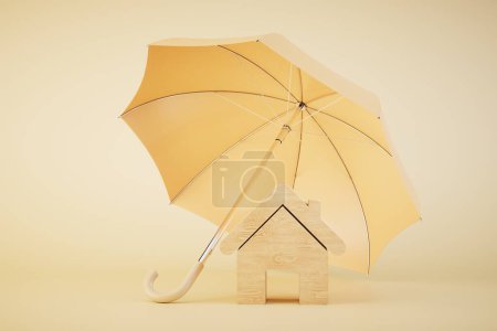 The concept of home insurance. An icon of the house and an umbrella above it on a pastel background. 3D render.