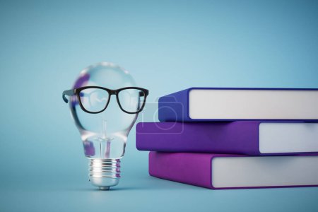 generating ideas after reading the book. A books and a light bulb with glasses on a blue background. 3D render.