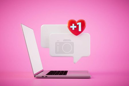 online messaging. Laptop and unread message icon on pink background. 3D render.