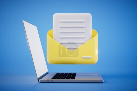 Téléchargez les photos : Le concept de communication par e-mail. Un ordinateur portable et une enveloppe avec une lettre sur fond bleu. rendu 3D. - en image libre de droit